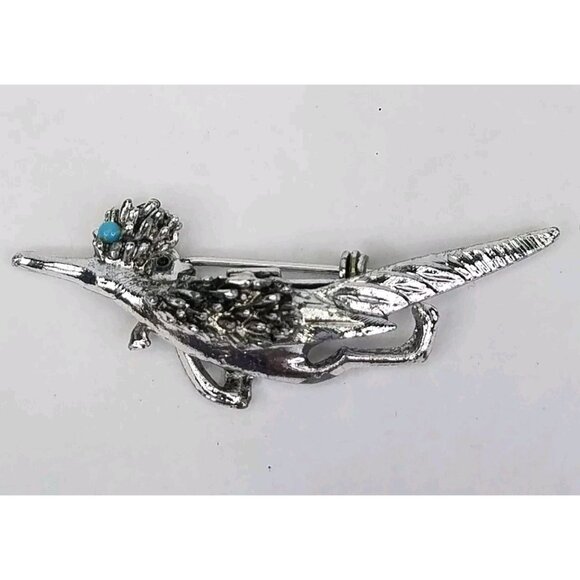 ROADRUNNER Pin Bird Brooch Blue Eye Unsigned Silver Tone Metal Lapel Hat Vintage - Picture 1 of 10